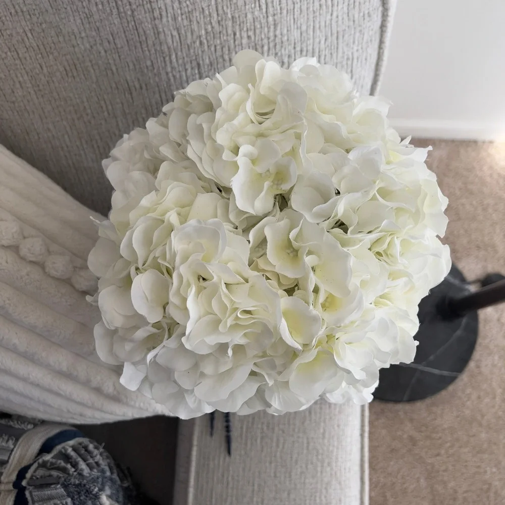 White Hydrangea and Blue Cascading Floral Centerpiece Arrangement in‎ Gold Urn